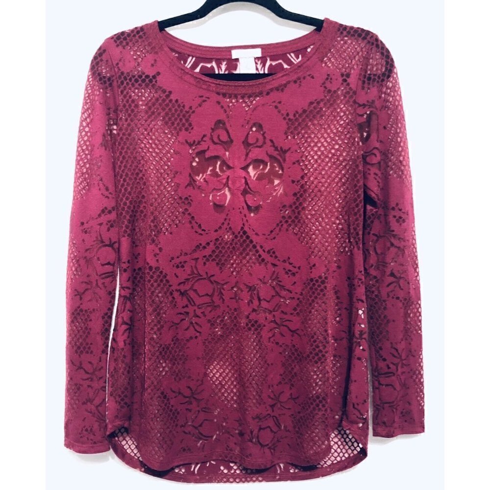 Cache Womens Medium Burgundy Burnout Sheer Blouse Fleur De Lis Stretch